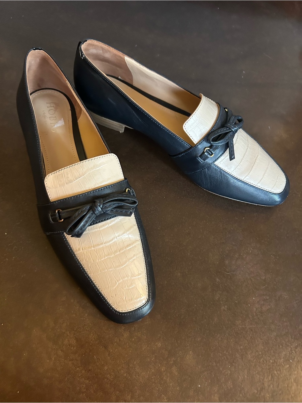 Two-Tone Black and Cream Croc-Texture Loafers